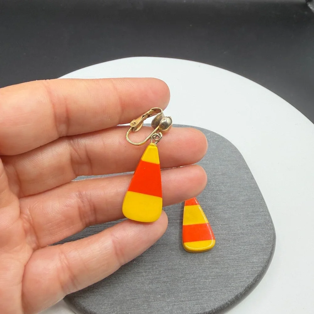 Orange Yellow Striped Drop Earrings Clip On Mod Retro Geometric Dangle 1970s